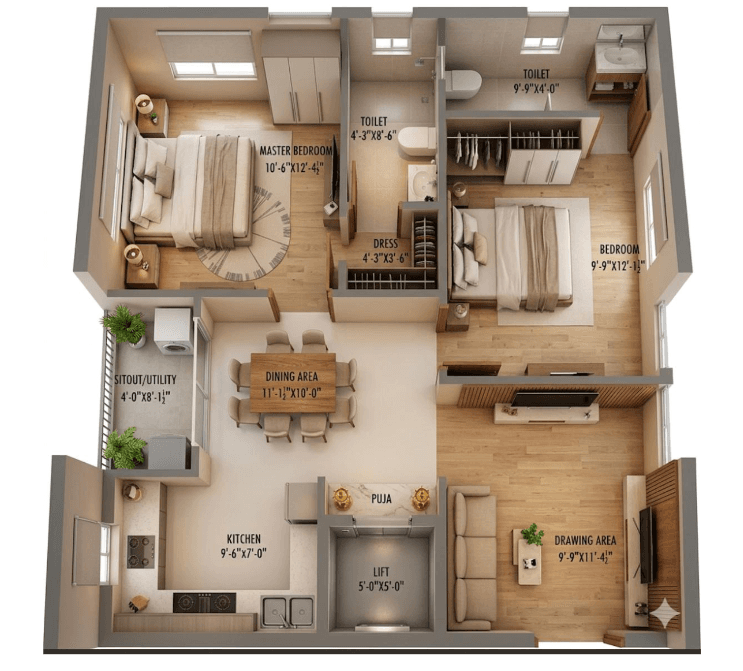 30x40 East Facing Flat Plan