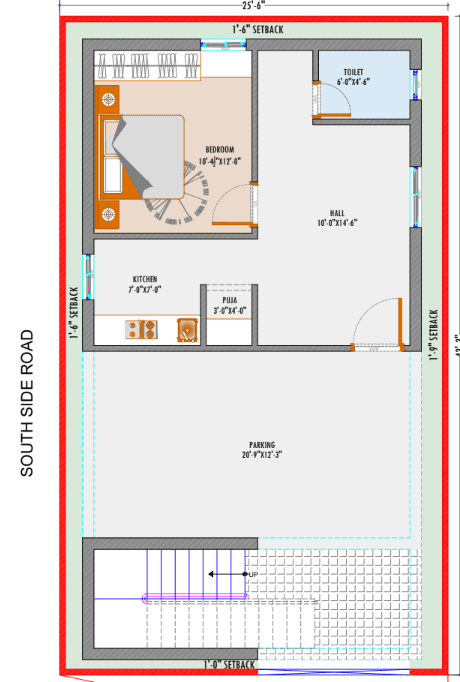 25.6x43.3 East Facing 3 BHK Residential Floor Plan