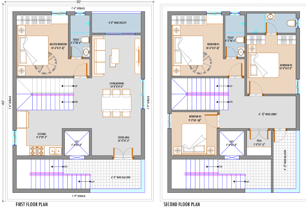 30x40 East Facing 4 BHK Duplex House